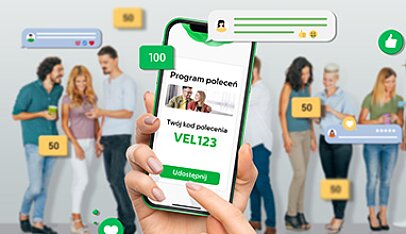 Graficzna prezentacja programu Polecam Velo - Kod polecenia wyświetlany na ekranie smartfona.