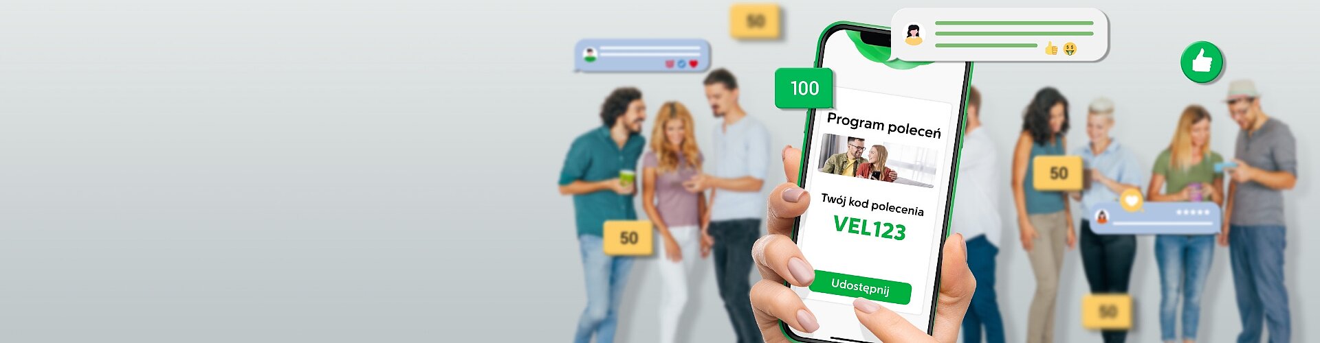 Graficzna prezentacja programu Polecam Velo - Kod polecenia wyświetlany na ekranie smartfona.