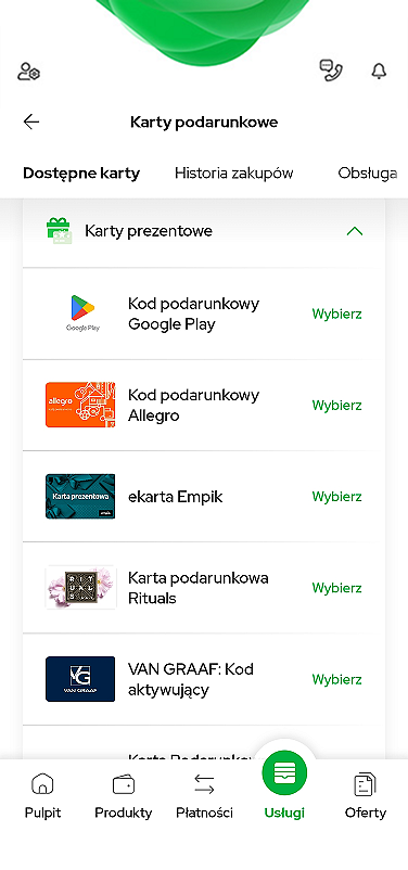 Ekran prezentujący karty podarunkowe w aplikacji VeloBank