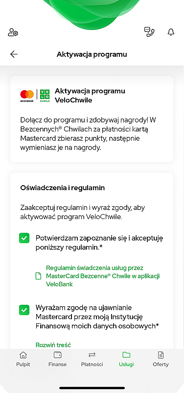 Ekran prezentujący panel VeloChwile w aplikacji VeloBank
