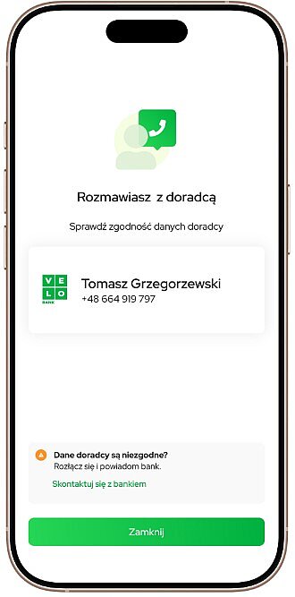 Wizytówka pracownika podczas rozmowy telefonicznej w bankowości mobilnej.