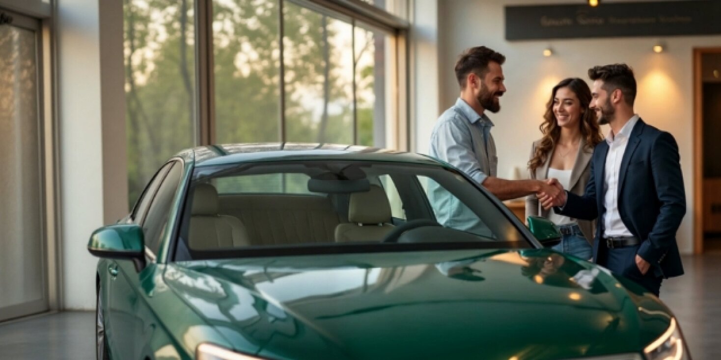 Para odbiera w salonie eleganckie auto kupione z pomocą kredytu samochodowego