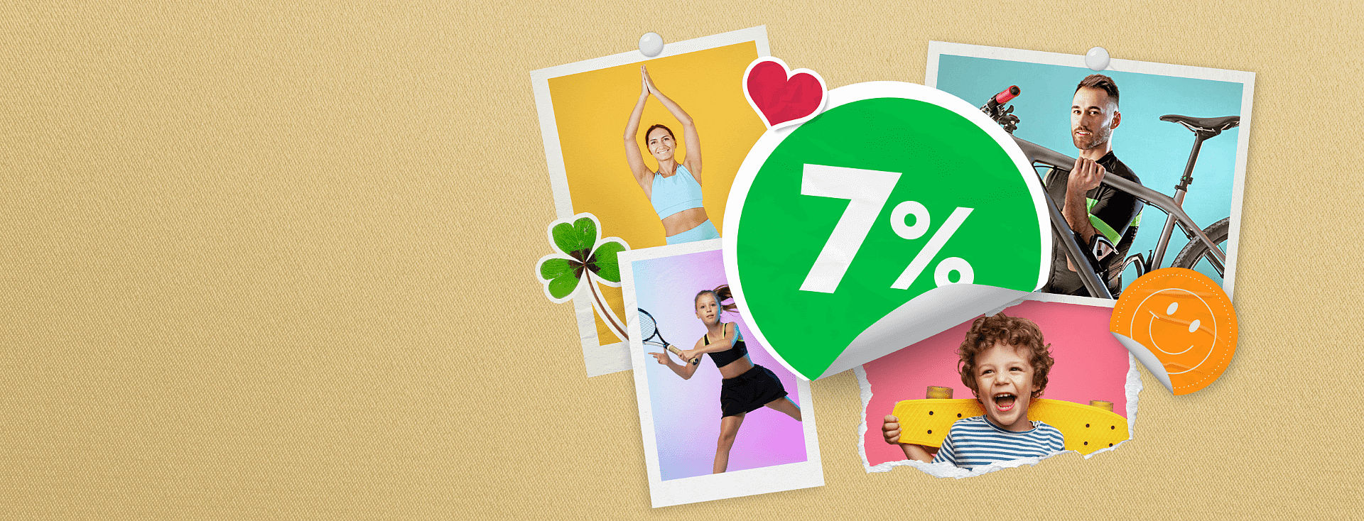 Seria obrazków: joga, tenis, rower, dziecko na deskorolce, dekoracje graficzne symbolizujące konto oszczędnościowe.