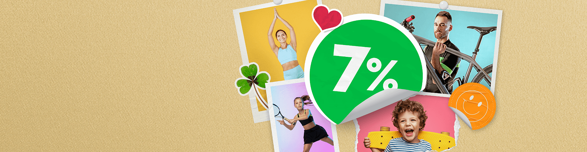 Seria obrazków: joga, tenis, rower, dziecko na deskorolce, dekoracje graficzne symbolizujące konto oszczędnościowe.