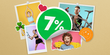 Seria obrazków: joga, tenis, rower, dziecko na deskorolce, dekoracje graficzne symbolizujące konto oszczędnościowe.