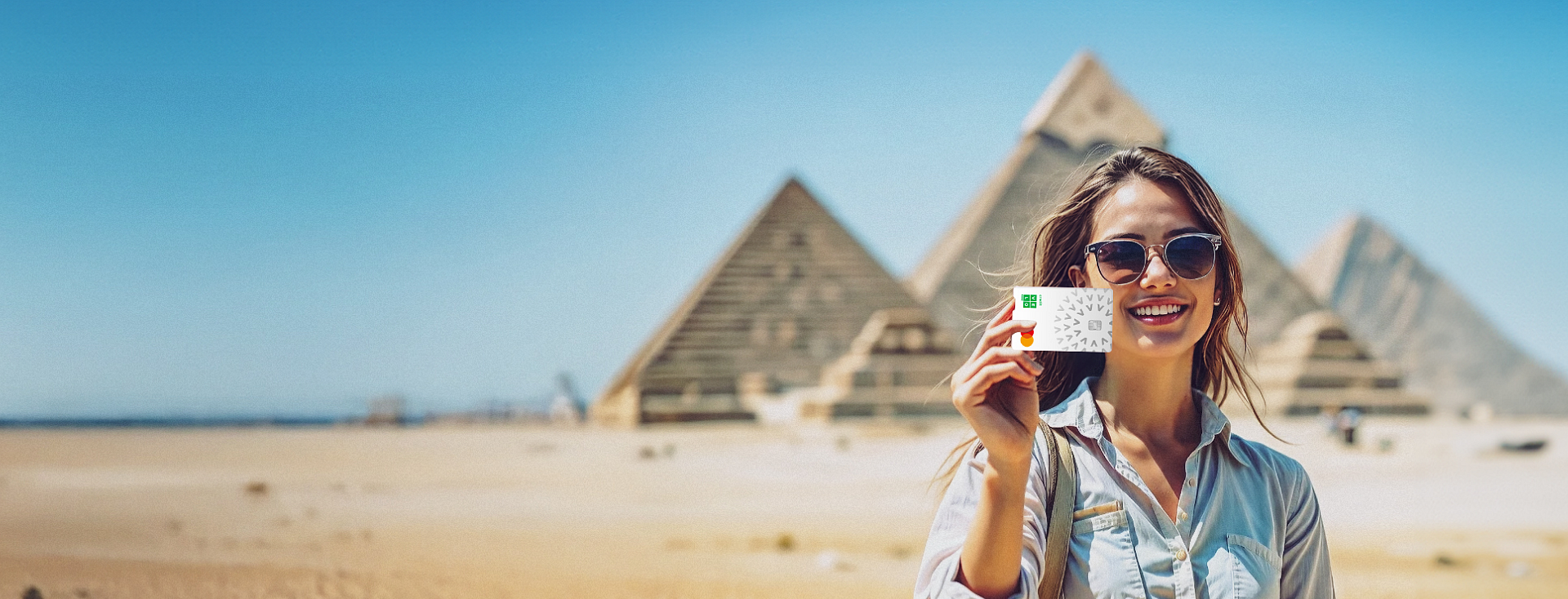 Uśmiechnięta kobieta pokazuje kartę z wizerunkiem VeloBank stojąc na tle piramid
