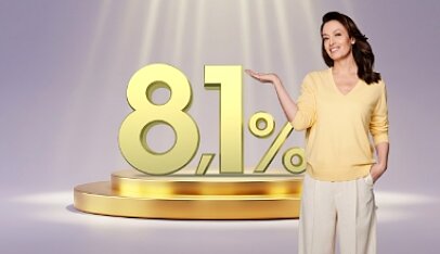 Zadowolona kobieta pokazuje atrakcyjne RRSO 8,1% kredytu konsolidacyjnego w VeloBank