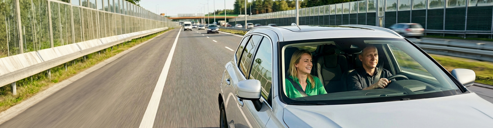 Para jedzie samochodem po autostradzie.