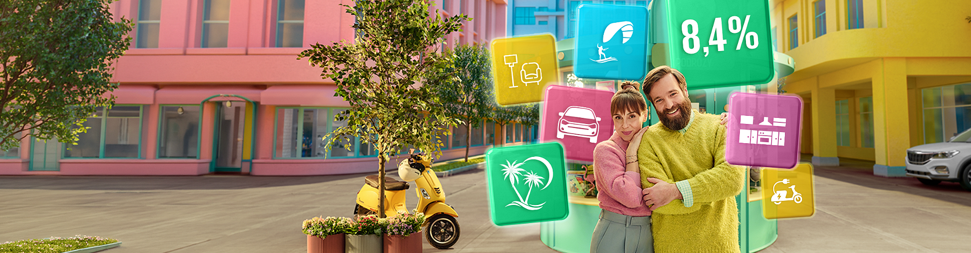 Kolorowo ubrana para uśmiecha się na ulicy otoczona symbolami przedstawiającymi zalety pożyczki gotówkowej w VeloBank