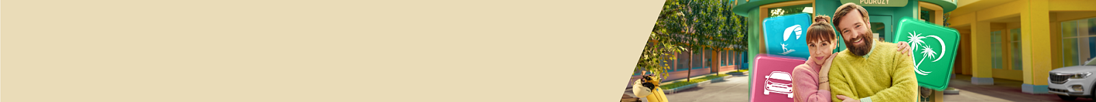 Kolorowo ubrana para uśmiecha się na ulicy otoczona symbolami przedstawiającymi zalety pożyczki gotówkowej w VeloBank